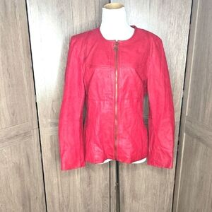 Pamela McCoy Red Leather Jacket Zip Front Fitted Moto Style